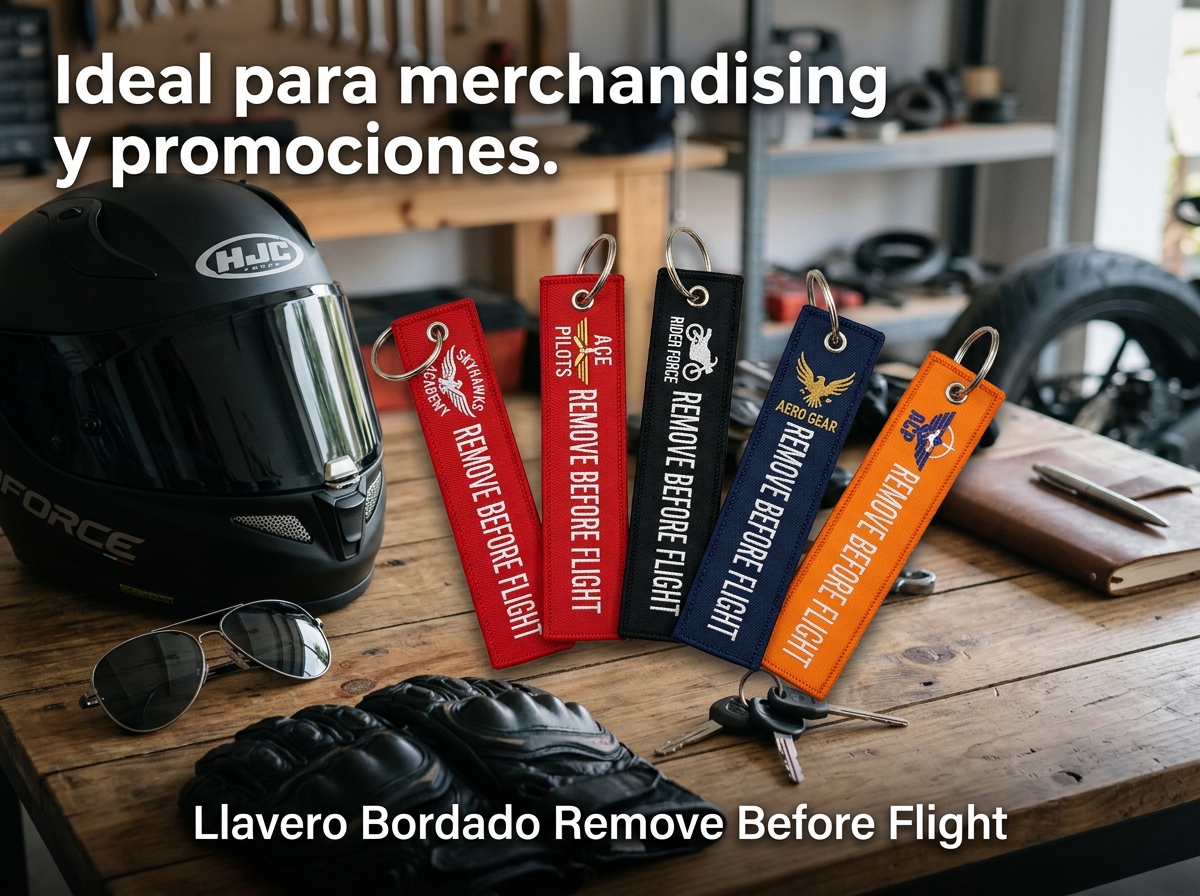 Llaveros bordados personalizados tipo Remove Before Flight